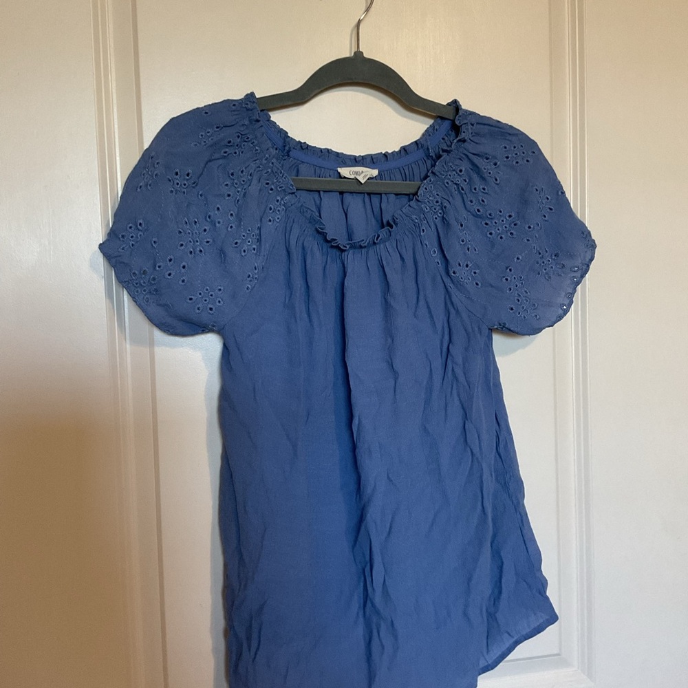 Blue Eyelet Puff Sleeve Blouse